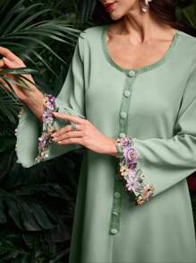 Al Najma Women's Elegant Floral Button-Decorated Loose Long Dress, Modest Kaftan - Green - View 4