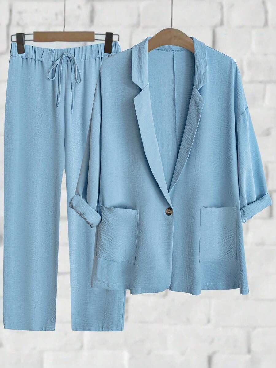SHEIN Clasi Plus Size Women Loose Blazer & Tie-Waist Wide Leg Pants 2 Pieces Set, Fashion Business Casual Elegant Suit Winter Fall Autumn - Blue - View 1