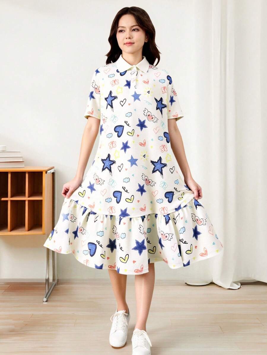 SHEIN Casual Loose Simple Comfort Turndown Collar Cartoon Pattern Ruffle Hem Dress For Teen Girls - White - View 1