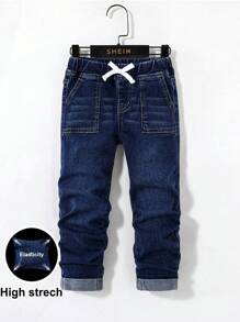 SHEIN 年轻男孩休闲时尚男孩服装舒适松紧腰带蓝色弹力牛仔裤适合日常穿着和返校服装