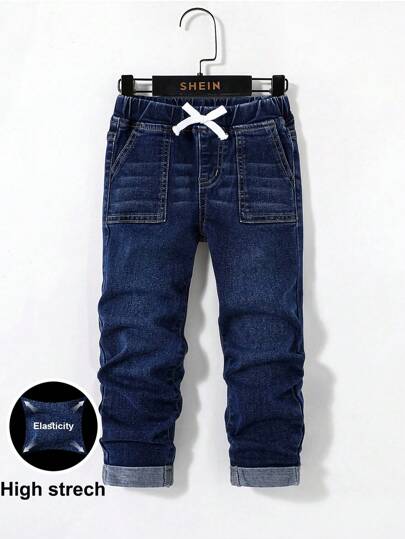 SHEIN Ropa casual de moda para niños pequeños, pantalones vaqueros azules elásticos con cintura elástica cómoda para uso diario y ropa de vuelta al colegio