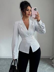 Selianne Blusa de mujer de manga larga con cuello asimétrico y cruzado a rayas - Multicolor - Ver 4