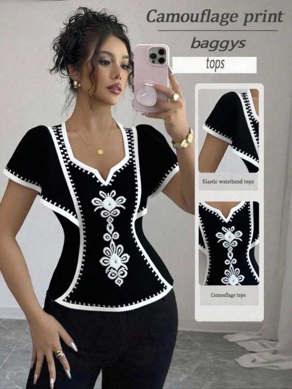 Elenzga Women's Floral Pattern Sweetheart Collar Short Sleeve Fashionable Blouse, Summer Black And White Top Black And White Blouse Tops For Women Elegant Crochet Tops For Women Embroidered Tops For Women