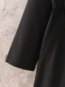 SHEIN 青少年女孩休闲简约舒适连帽中长抽绳夹克，秋冬 - 黑色 - 查看 4