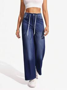 SHEIN Essnce Jeans rectos de talle elástico con cordón a la cintura, lavado, de uso casual diario para mujeres