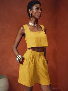 Zivah Bộ 2 món: Áo cổ vuông không tay và quần short trơn màu có họa tiết, Phù hợp cho kỳ nghỉ, Thường ngày, Đi làm, Ngày của Mẹ, Đám cưới, Lễ hội âm nhạc, Cocktail, Câu lạc bộ, Xuân/Hè 2025, Bộ đồ hai mảnh màu đỏ nâu/Vải lanh/Bộ đồ hai mảnh màu vàng/Bộ đồ hai mảnh mùa hè cho nữ - Màu vàng - Xem 4