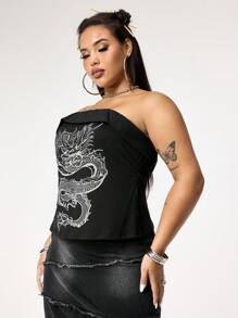 ROMWE Grunge Punk Subculture Y2K Tight Fit Dragon Print Hem Slit Design Plus Size Women Tube Top