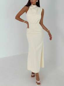 Aloruh Minimalist Apricot Color Sleeveless Fitted Long Dress, Suitable For Office Wear - Apricot - View 7