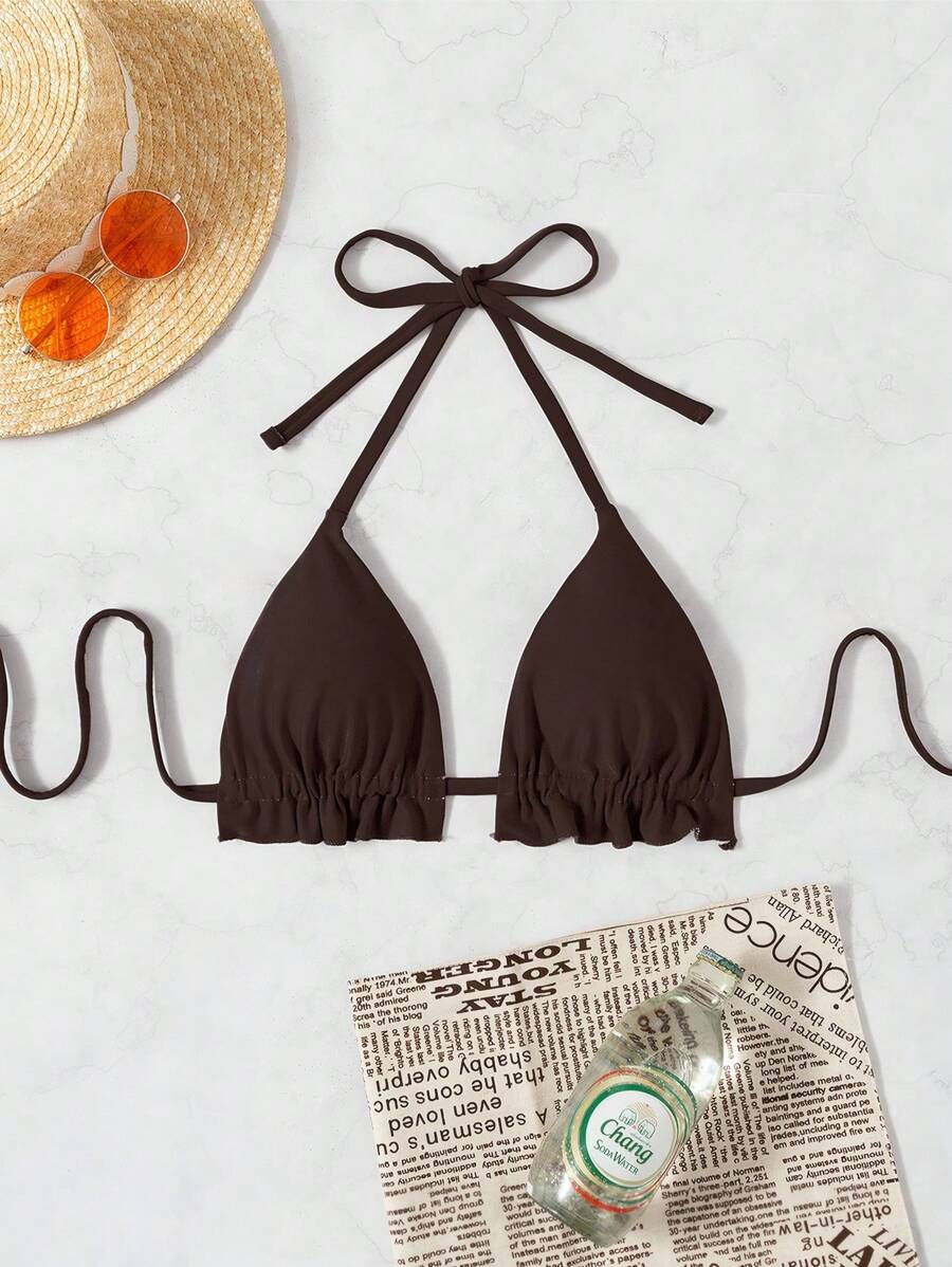 SHEIN Swim Áo bikini buộc dây trước hình tam giác siêu nhỏ màu trơn - Cà phê nâu - Xem 1