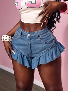 Slaydiva 女式休闲夏季水洗斜口袋荷叶边下摆牛仔短裤 - 中等水洗藍 - 查看 2