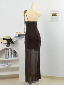 Vestido con tirantes finos asimétrico y arrugado extra largo - Café integral - Ver 3