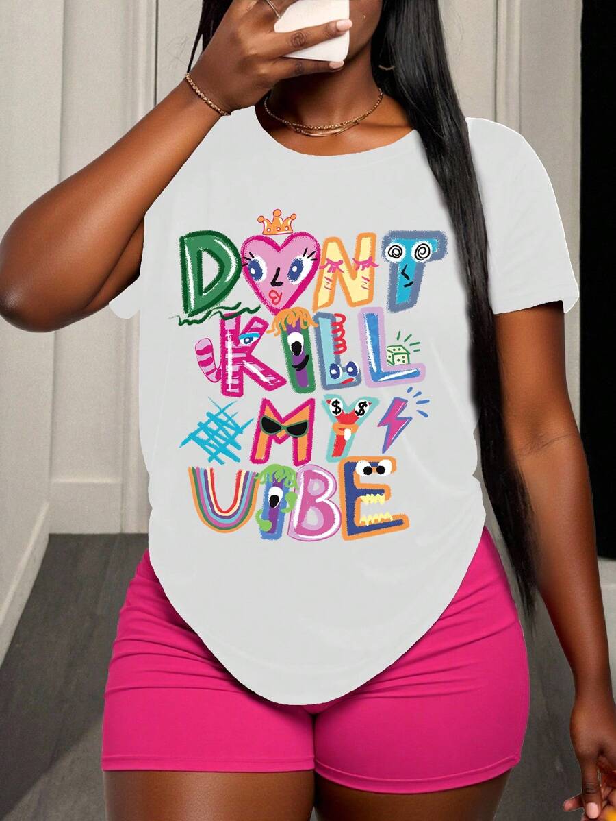 BamGleam Áo thun nữ tay ngắn vừa vặn, áo thun nữ cổ tròn tay ngắn in chữ, dáng rộng, thường ngày - trắng - Xem 1