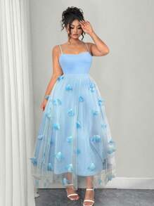 Elenzga Robe bleue à fleurs 3D en maille à bretelles pour grandes tailles, design élégant pour les sorties, les rendez-vous, les vacances, convient pour le printemps/l'été - Bleu azur - Voir 3