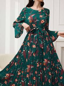 Modelyn 圆领印花喇叭褶迷你连衣裙 - 綠色 - 查看 5