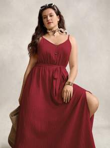 SHEIN LUNE Plus Size Women's Apricot Textured Fabric Side Split Long Dress Comfortable Cotton