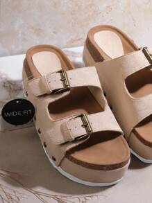 SHUZIA Women Shoes Wide Fit Open Toe Double Buckle Cork Footbed Slide Sandals Women Taupe Suede Wide Fit Flat Sandals