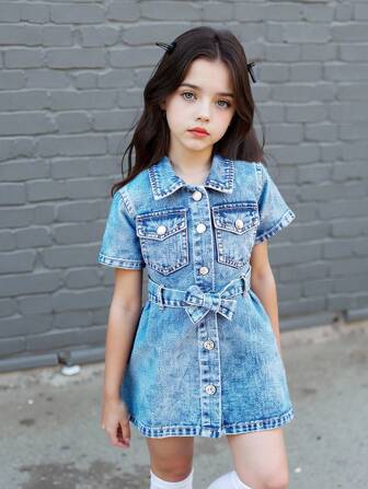 Nouvelle robe en jean à manches courtes de style minimaliste pour filles, coupe évasée avec ceinture. Lavage tie-dye bleu moyen, tissu doux et confortable. Indispensable de l'été 2025, convient pour le port quotidien et les vacances décontractées
