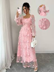 Elenzga Elegantes, retro-charmantes Prinzessinnen-Kleid für Damen mit eckigem Kragen, langen Ärmeln, A-Linie, weitem Saum und 3D-Blumenstickerei aus Tüll in Einfarbig