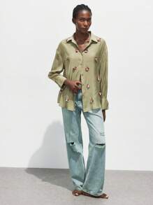 Maija Women's Textured Long Sleeve Shirt With 3D Beaded Floral Decor, Vacation Style Business Casual Blouse, Office Wear Button Down Shirt - Army Green - View 3