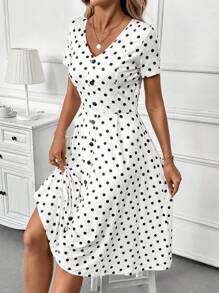 SHEIN Clasi Women's Polka Dot Print V-Neck Casual Short Sleeve Mid-Length Summer Dress