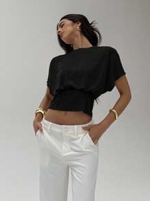 Aloruh Metallic Thread Elegant Commuter Knit T-Shirt Top - Black - View 1