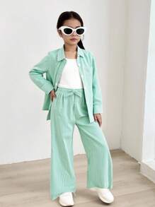 Bộ 4 món dành cho bé gái: áo khoác ngắn cổ xanh kẻ sọc, áo tank top trắng hai dây và quần dài màu be, độc đáo và khác biệt. - màu xanh lá - Xem 5