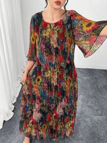 Reflora 大码女士夏装，优雅百褶雪纺连衣裙，透明半袖长裙，飘逸华丽的夏季服装 - 彩色 - 查看 7