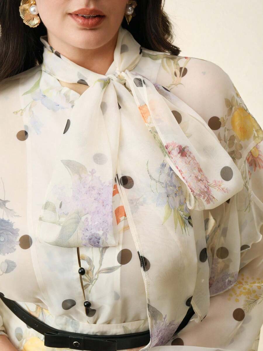 Anewsta Plus Size Elegant Polka Dot Ruffle Trim Casual Shirt