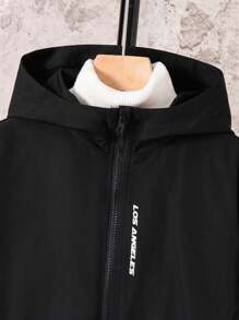 SHEIN Boys Casual Everyday Versatile Comfortable Letter Graphic Print Hoodie Jacket, Lightweight Loose Fit For Tweens Suitable For Birthday Parties, Evening Parties, Performances, Weddings, Baptisms, Opening Ceremonies Daily Suitable For Daily Use Suitable For School Suitable For Travel Suitable For Sports Suitable For Autumn And Winter Black Jacket Zipper Kids Kids Hooded Jacket Boys Zip Up Jacket Kids Zip Up Jacket Boys Black Jacket Fall - Black - View 5