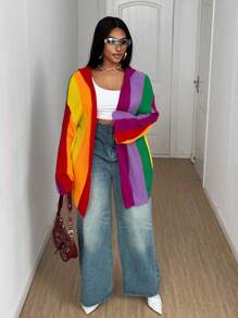 Maweii Plus Size Women Rainbow Striped Cardigan Sweater