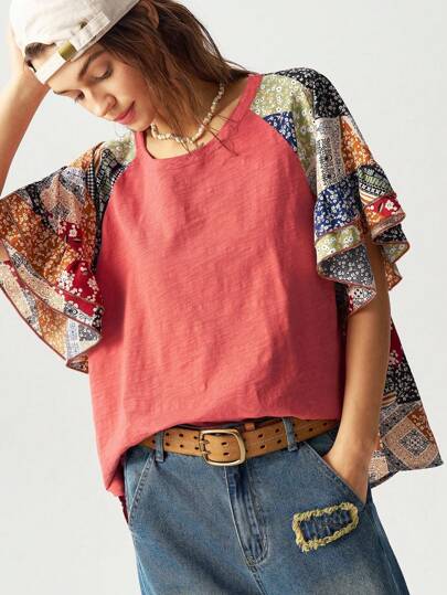 Bohemela Plus Size Holiday Casual Floral Print Patchwork Ruffle Sleeve T-Shirt,Vintage