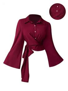 SHEIN Unity Chemise de bureau à manches évasées de couleur unie élégante grande taille - Rouge - Voir 1