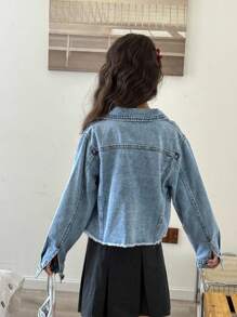 SHEIN TWEEN GIRLS Denim Jacket, Distressed Frayed Design Fashion Street Wear Denim Outerwear, Light Wash Short Style, Versatile, New Arrival Girls Cropped Denim Jacket Fall Winter