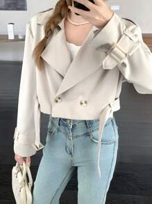 SHEIN Teen Girl Lapel Double Breasted Long Sleeve Short Trench Coat, For Daily Casual,Autumn/Winter,Back To School Cropped Korean Fashion Double Breasted Jacket Cute Fashion Elegant Fall Trench Coat - Khaki - View 1