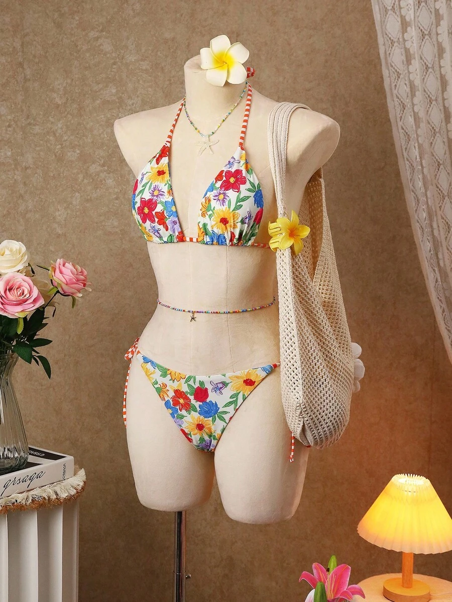 SHEIN Swim 女士夏季沙滩花卉印花吊带性感比基尼两件套泳衣套装，随机印花 - 彩色 - 查看 1