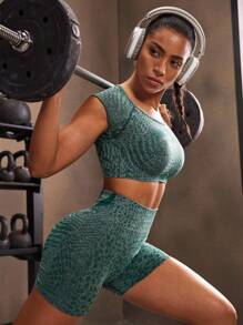Powerista Damen Sport-Set mit rundem Ausschnitt, Raglanärmeln und Allover-Muster aus T-Shirt und Shorts