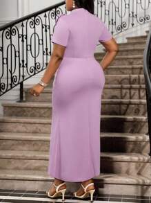 Fleurora Vestidos de talla grande de manga corta con cuello redondo, tejido, contraste de encaje y estilo elegante para oficina y boda, con estampado 3D de rosas, para primavera y verano - Púrpura malva - Ver 2
