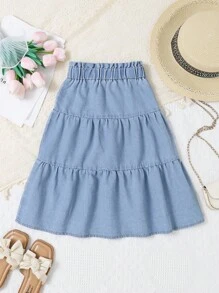 Genkimix Kids Girls Casual Soft Denim Patchwork Loose Fit A-Line Skirt, Fashion Holiday Street Wear, Thin Fabric Summer Tiered Denim Skirt Girls Fall Winter