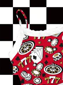 Shutterstock Y2Kool 2pcs Women Summer Digital Print Camisole Top And Ruffle Shorts Casual Set - Red - View 3