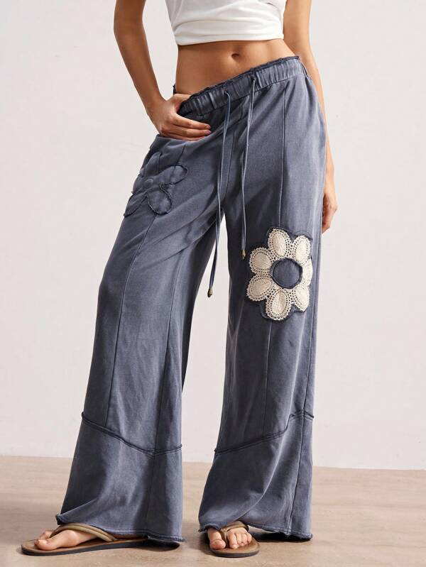 Bohemela Boho Casual Vacation Style Solid Color Knit High Waist Loose Wide Leg Washed Women Pants Boho Pants Wide Leg Summer Pants Cover Up Pants Bohemian Pants Crochet Pants