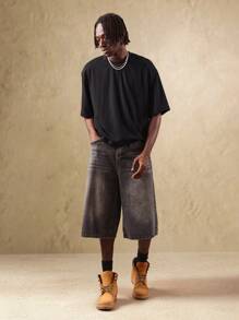 SUMWON 阔腿牛仔七分短裤 中腰宽松版型 日系都市街头风 水洗复古休闲七分短裤 夏季节日纯色 - 黑色 - 查看 3