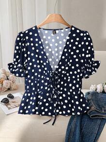 CosyJoli Plus Size Polka Dot Short Sleeve Shirt, Fashionable For Summer - Navy Blue - View 1