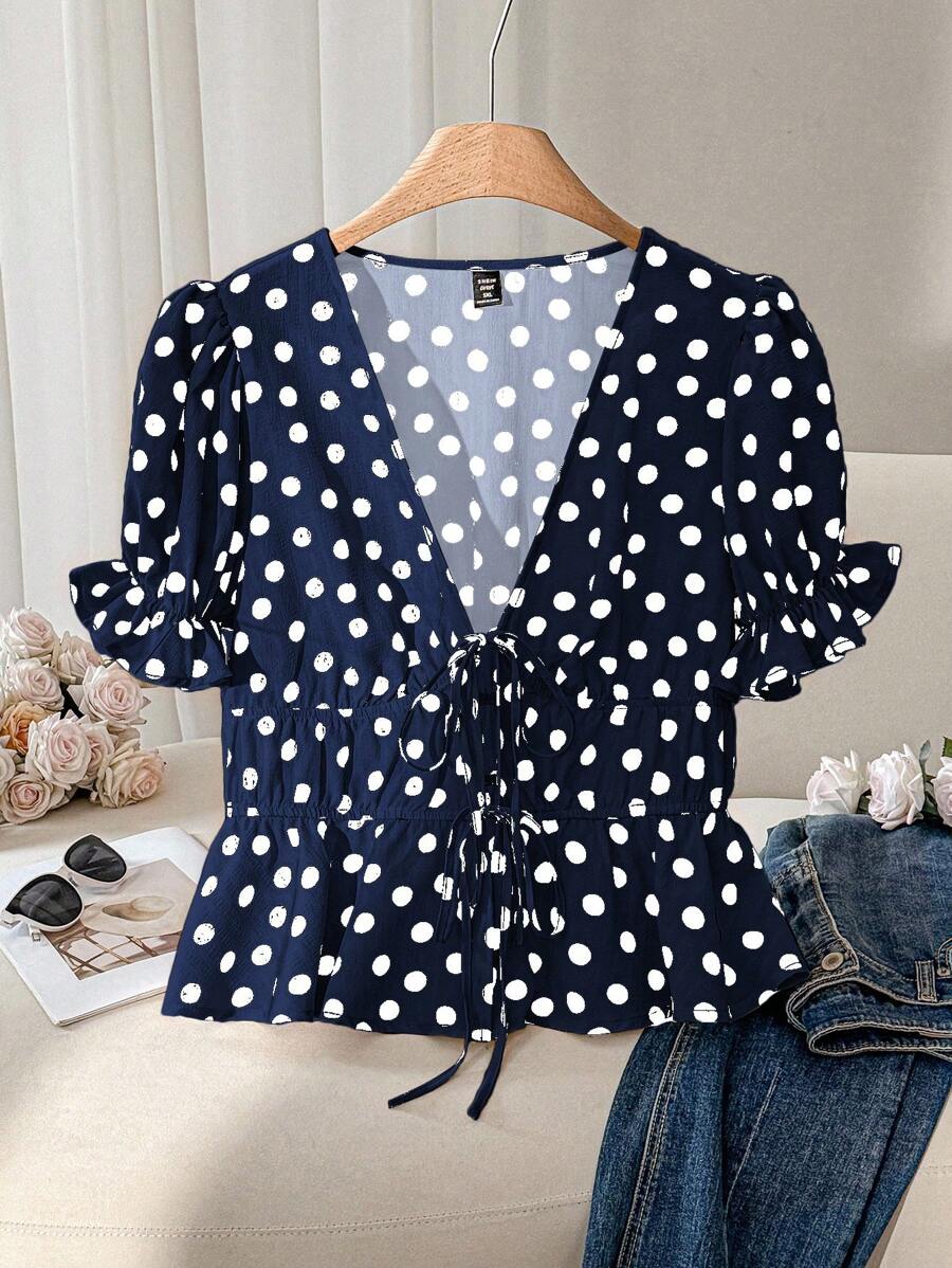 CosyJoli Plus Size Polka Dot Short Sleeve Shirt, Fashionable For Summer - Navy Blue - View 1