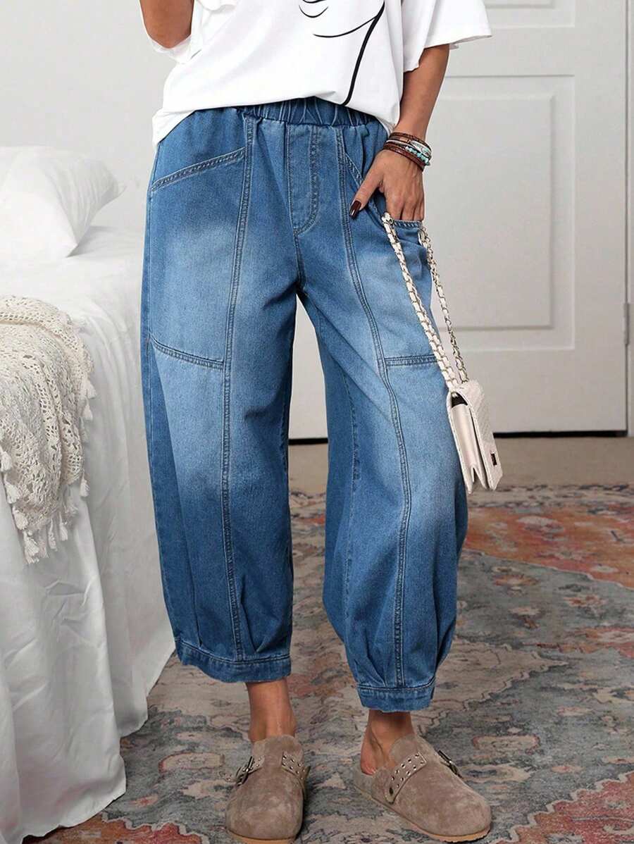 EMERY ROSE Plus Size Loose Relaxed Waist Elastic Waisted Wide Leg Jeans,Teacher Outfits For Women Y2k Women Jeans Baggy Elastic Waist Jeans Baggy Jeans Y2k - Dark Wash - View 1