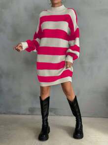 EURMUSE Women Drop Shoulder Sweater Dress With Striped Pattern,Petite - Hot Pink - View 7
