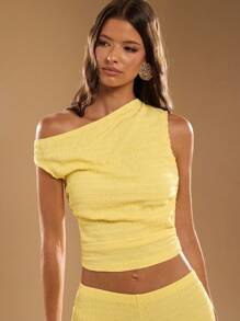 SHEIN BAE 2 件/套时尚咖啡色不对称肩部不对称针织上衣和宽松阔腿针织口袋裤，适合时尚外出、海滩度假、意大利假期、外出、邮轮装、早午餐装、伊比沙岛装、女士夏季套装 - 黃色 - 查看 6