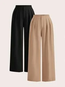 SHEIN PETITE CURVE 两件套加大码高腰裤套装，黑色+卡其色，两件套阔腿裤，高腰褶皱阔腿裤，黑色长裤，宽松版型，长裤，商务休闲女装，适合身材娇小的女性，春季女装，毕业典礼，优雅休闲，女士正装，黑色长裤，高腰，宽松裤 - 彩色 - 查看 9