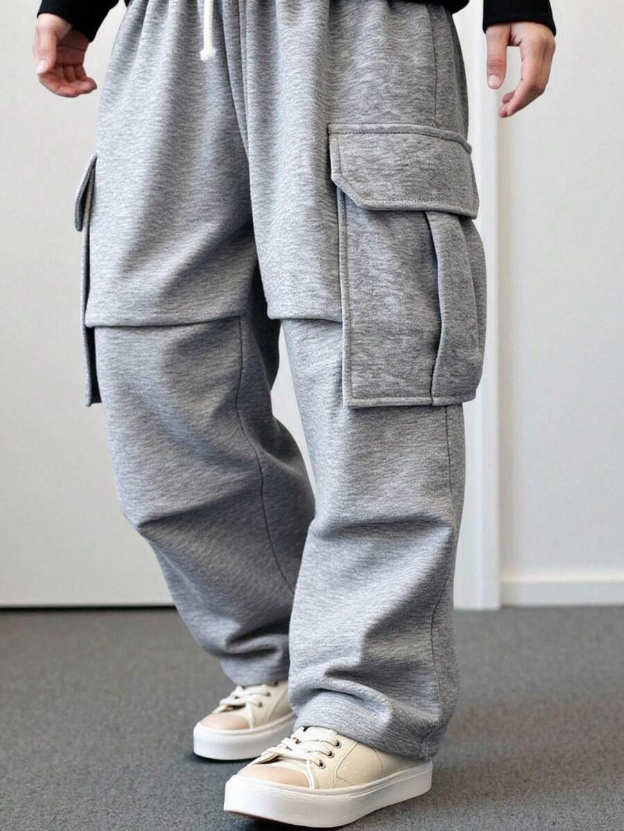 SHEIN Young Boy Casual Cute Everyday Relaxed Straight Open Pocket Sweatpants, Suitable For Trips, School, Gatherings, Autumn Winter, Back To School, Fall - Grey - View 1