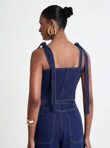 Daynim 女士夏季宽松休闲牛仔吊带背心 - 深色水洗藍 - 查看 3