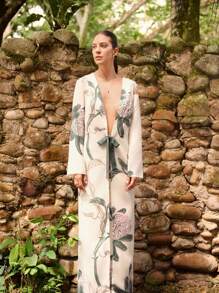 Sunsella Kimono de cuello en V con estampado, ropa de playa de verano para mujeres, ropa de resort de vacaciones, kimono de playa largo, ropa de resort de vacaciones, dinero antiguo